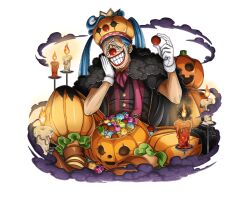 Rule 34 | 1boy, blue hair, buggy the clown, candle, candy, fire, food, gloves, grin, halloween, halloween costume, official art, one piece, one piece treasure cruise, pumpkin, red nose, smile, teeth, white gloves