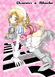 Rule 34 | 00s, 1girl, all fours, armor, armored dress, ass, blonde hair, blue eyes, boots, drill hair, gauntlets, gloves, hairband, juubaori mashumaro, panties, pink background, pointy ears, queen&#039;s blade, ribbon, side-tie panties, solo, thighhighs, underwear, white panties, ymir (queen&#039;s blade)