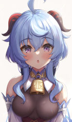 Rule 34 | 1girl, :o, ahoge, bare shoulders, bell, blue hair, blush, breasts, detached sleeves, ganyu (genshin impact), genshin impact, highres, horns, long hair, looking at viewer, medium breasts, neck bell, open mouth, purple eyes, sidelocks, solo, suicabar72, upper body, white background, white sleeves