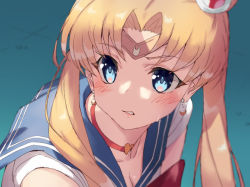 Rule 34 | 1girl, bishoujo senshi sailor moon, bishoujo senshi sailor moon s, blue background, blue eyes, blue sailor collar, bow, bowtie, circlet, clenched teeth, crescent, crescent earrings, derivative work, earrings, from side, jewelry, jonsun, looking at viewer, looking to the side, meme, red bow, red bowtie, sailor collar, sailor moon, sailor moon redraw challenge (meme), school uniform, screenshot redraw, serafuku, shirt, solo, teeth, tsukino usagi, twintails, upper body, white shirt
