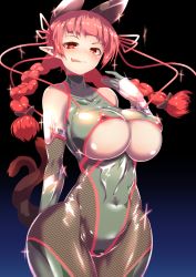 Rule 34 | 1girl, animal ears, areola slip, bare shoulders, blush, bodysuit, braid, breasts, cat ears, cat tail, cleavage, covered erect nipples, curvy, elbow gloves, extra ears, gloves, gradient background, highleg, highleg leotard, highres, kaenbyou rin, large breasts, leotard, licking lips, multiple tails, naughty face, pandain, pointy ears, puffy nipples, red eyes, red hair, solo, tail, taimanin (series), taimanin suit, tongue, tongue out, touhou, twin braids, two tails, underboob, wide hips