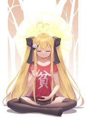 Rule 34 | 1girl, absurdres, ahoge, bad id, bad pixiv id, black bow, black panties, black skirt, blonde hair, blouse, blush, bow, brown thighhighs, butterfly sitting, chinese commentary, closed eyes, closed mouth, clothes writing, collarbone, commentary request, facing viewer, full body, hair bow, hair ornament, halo, hand up, heart, heart ahoge, highres, jyt, lace, lace-trimmed panties, lace trim, long hair, mudra, niliu chahui, no shoes, original, panties, pleated skirt, red shirt, shirt, short sleeves, sitting, skirt, smile, solo, thighhighs, tokisaki asaba (niliu chahui), translation request, two side up, underwear, very long hair