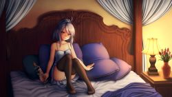 Rule 34 | 00s, 1girl, ahoge, bare shoulders, bed, bottle, brown thighhighs, canopy bed, chemise, flower, lamp, long hair, looking at viewer, mimi (mnemosyne), mnemosyne, monorus, on bed, panties, pantyshot, pillow, ponytail, product placement, purple eyes, silver hair, sitting, smile, smirnoff (vodka), solo, thighhighs, underwear, vase, white panties