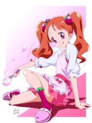 Rule 34 | 10s, 1girl, :q, bad id, bad pixiv id, food, food-themed hair ornament, food on face, hair ornament, heart, heart-shaped pupils, highres, kirakira precure a la mode, looking at viewer, nii manabu, orange hair, pink eyes, pink skirt, precure, signature, skirt, socks, solo, strawberry hair ornament, symbol-shaped pupils, tongue, tongue out, twintails, usami ichika