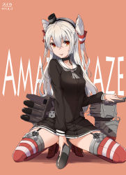 Rule 34 | 1girl, absurdres, amatsukaze (kancolle), artist name, black dress, black panties, brown eyes, character name, choker, closed mouth, collarbone, dated, dress, eyes visible through hair, fang, fang out, flat chest, full body, gaiters, gloves, grey neckerchief, hair between eyes, hair ornament, hand on another&#039;s head, hand on torpedo, headband, headgear, highres, kantai collection, long hair, long sleeves, looking at viewer, machinery, neckerchief, orange background, panties, pantyshot, red thighhighs, rigging, rudder footwear, sailor dress, see-through, short dress, signature, silver hair, simple background, single glove, smile, squatting, striped clothes, striped thighhighs, thighhigh gaiters, thighhighs, tongue, tongue out, torpedo, torpedo tubes, twintails, two side up, underwear, zettai ryouiki