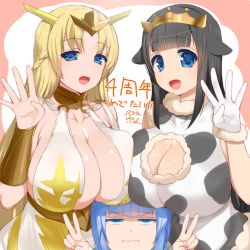 Rule 34 | 3girls, :d, animal ears, animal print, bare shoulders, black hair, blonde hair, blue eyes, blue hair, breast envy, breasts, character request, cleavage, cleavage cutout, clothing cutout, collarbone, commentary request, cow ears, cow girl, cow print, double v, ears down, fur-trimmed gloves, fur trim, gloves, gold trim, half-closed eyes, hands up, highres, huge breasts, kusaka souji, light blue hair, long hair, looking at viewer, miru holstein, multiple girls, o-ring, open mouth, palms, raised eyebrows, sagging breasts, smile, spread fingers, translation request, uchi no hime-sama ga ichiban kawaii, v, white gloves