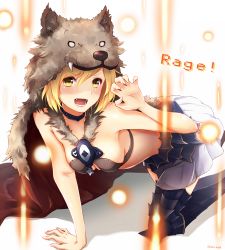 Rule 34 | 10s, 1girl, all fours, blonde hair, blush, breasts, cleavage, djeeta (granblue fantasy), fangs, granblue fantasy, highres, looking at viewer, medium breasts, open mouth, smile, solo, teeth, toki (toki ship8), twitter username, yellow eyes