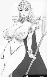 Rule 34 | 1girl, armlet, armor, bangle, bikini armor, bracelet, breasts, cape, chaos breaker, collar, contrapposto, elf, fina (chaos breaker), helmet, highres, jewelry, large breasts, lipstick, long hair, looking at viewer, lots of jewelry, makeup, monochrome, parted lips, pasties, pointy ears, revealing clothes, shoulder pads, sideboob, simple background, solo, staff, standing, thong, underwear, white background