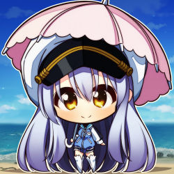 Rule 34 | 1girl, 7:08, beach, blue jacket, chibi, closed mouth, day, hat, highres, hood, hooded jacket, island (game), jacket, long hair, ocean, ohara rinne, pink umbrella, shore, silver hair, smile, solo, umbrella, white footwear, white hat, white sleeves, yellow eyes