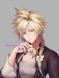 Rule 34 | 1boy, blonde hair, blue eyes, bow, braid, cloud strife, crossdressing, dress, earrings, final fantasy, final fantasy vii, final fantasy vii remake, frilled sleeves, frills, grey background, grey dress, hair between eyes, hair bow, hand in own hair, jewelry, long hair, looking at viewer, male focus, nail polish, official alternate costume, purple nails, sasanomesi, solo, spiked hair, square enix, twin braids, upper body, wall market, white bow, wide sleeves