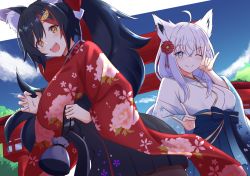 Rule 34 | 2girls, animal ears, black hair, blue eyes, breasts, highres, hololive, japanese clothes, kimono, kimono skirt, large breasts, layered clothes, layered kimono, long hair, multiple girls, ookami mio, ookami mio (new year), open mouth, pipin try, shirakami fubuki, shirakami fubuki (new year), smile, virtual youtuber