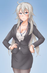 Rule 34 | 1girl, ahoge, alternate costume, anti (untea9), black jacket, black pantyhose, black skirt, blazer, blue background, breasts, cleavage, commentary request, commission, gradient background, grey eyes, hands on own hips, highres, id card, jacket, kantai collection, large breasts, long hair, looking at viewer, pantyhose, pencil skirt, silver hair, skirt, solo, washington (kancolle)