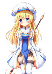Rule 34 | 10s, 1girl, arms behind back, blonde hair, blue eyes, blush, breasts, closed mouth, commentary request, dress, frilled sleeves, frills, goblin slayer!, hair between eyes, hat, head tilt, kedama (kedama akaza), long hair, medium breasts, priestess (goblin slayer!), simple background, smile, solo, staff, standing, thighhighs, very long hair, white background, white dress, white hat, white thighhighs
