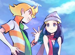 Rule 34 | 1boy, 1girl, bare shoulders, barry (pokemon), beanie, blue eyes, blue hair, blue sky, closed mouth, cloud, creatures (company), dark blue hair, dawn (pokemon), day, fingernails, fuxiang, game freak, green scarf, hair ornament, hand on own hip, hat, high collar, highres, long hair, looking at another, nintendo, pink scarf, pokemon, pokemon dppt, poketch, scarf, shirt, short sleeves, sideways mouth, sky, smile, striped clothes, striped shirt, watch, white headwear, wristwatch