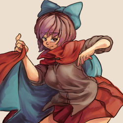 Rule 34 | 1girl, aqua bow, arms up, bow, brown eyes, brown shirt, cape, chanta (ayatakaoisii), cowboy shot, hair bow, long sleeves, looking at viewer, pleated skirt, red cape, red skirt, sekibanki, shirt, simple background, skirt, smile, solo, tan background, touhou
