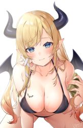 Rule 34 | 1girl, bikini, black bikini, blonde hair, blue eyes, blush, breast tattoo, breasts, cleavage, closed mouth, collarbone, demon girl, demon horns, hair ribbon, highres, holding, hololive, horns, izumi kei, large breasts, long hair, looking at viewer, nail polish, navel, pointy ears, ribbon, simple background, smile, solo, swimsuit, tattoo, virtual youtuber, wet, white background, wings, yuzuki choco
