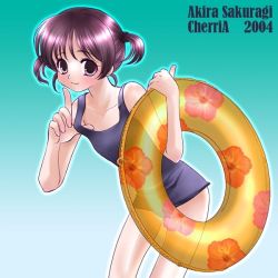 Rule 34 | 00s, 1girl, 2004, black one-piece swimsuit, blue background, breasts, brown eyes, brown hair, collarbone, gradient background, holding, innertube, looking at viewer, one-piece swimsuit, original, sakuragi akira, short hair, simple background, small breasts, smile, solo, swim ring, swimsuit, twintails