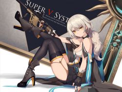 Rule 34 | 1girl, black footwear, black thighhighs, blush, boots, breasts, character name, choker, cleavage, cloak, closed mouth, collarbone, earrings, eruthika, fingerless gloves, full body, fur-trimmed cloak, fur trim, garter straps, girls&#039; frontline, gloves, grey hair, gun, high heel boots, high heels, highres, holding, holding gun, holding weapon, jewelry, kriss vector, leg up, long hair, looking at viewer, medium breasts, nail polish, off shoulder, open mouth, red nails, shirt, sitting, solo, submachine gun, thighhighs, thighs, vector (girls&#039; frontline), weapon, yellow eyes