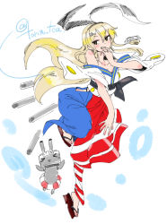 Rule 34 | 10s, 1girl, adapted costume, animal ears, arms up, bare shoulders, blonde hair, closed eyes, commentary request, detached sleeves, fake animal ears, finger in own mouth, full body, green eyes, grin, hair ornament, hairclip, japanese clothes, kantai collection, kimono, leg up, lifebuoy, long hair, obi, open clothes, open kimono, open mouth, rabbit ears, rensouhou-chan, sandals, sash, shimakaze (kancolle), sketch, smile, striped, swim ring, torichamaru, twitter username, white background, wide sleeves, yukata