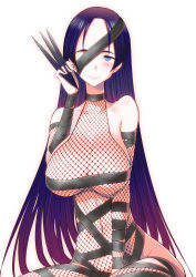 Rule 34 | 1girl, black ribbon, blush, breasts, cosplay, eyepatch, fate/grand order, fate (series), fishnets, highres, hitotose rin, kunai, large breasts, long hair, looking at viewer, minamoto no raikou (fate), mochizuki chiyome (fate), mochizuki chiyome (fate) (cosplay), parted bangs, purple eyes, purple hair, ribbon, simple background, sitting, smile, solo, very long hair, weapon, white background