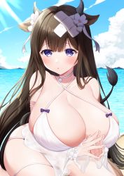 Rule 34 | 1girl, animal ears, azur lane, bandaid, bandaid on head, bikini, blue sky, blunt bangs, breasts, brown hair, cleavage, cloud, commentary request, cow ears, cow girl, cow horns, cow tail, day, hair ribbon, highres, horizon, horns, huge breasts, kashino (azur lane), kashino (hot springs relaxation) (azur lane), long hair, looking at viewer, mountainous horizon, nagura shiro, ocean, official alternate costume, outdoors, parted lips, purple eyes, ribbon, sitting, sky, solo, sunlight, swimsuit, tail, white bikini
