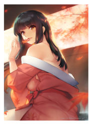 Rule 34 | 1girl, back, bare shoulders, black hair, breasts, brown eyes, brown kimono, commentary request, dated, from side, holding, holding leaf, japanese clothes, kimono, leaf, lips, long hair, looking at viewer, looking to the side, original, parted lips, sasaoka gungu, solo, upper body, wind