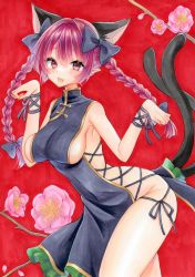 Rule 34 | 1girl, :d, alternate costume, animal ears, black bow, black dress, bow, braid, breasts, cat ears, cat tail, china dress, chinese clothes, dress, extra ears, fang, flower, hair bow, highres, kaenbyou rin, large breasts, long hair, looking at viewer, multiple tails, natsume nadeshiko, nekomata, open mouth, pink flower, red background, red eyes, red hair, side braids, sideboob, skin fang, smile, solo, tail, touhou, twin braids, two tails