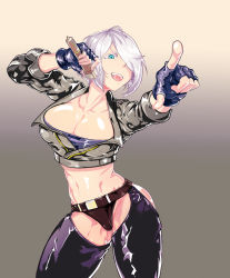 Rule 34 | 1girl, ahoge, angel (kof), blue eyes, breasts, chaps, cleavage, commentary request, cropped jacket, fingerless gloves, ghgnvm, gloves, hair over one eye, highres, holding, jacket, large breasts, looking at viewer, microphone, midriff, navel, open mouth, panties, short hair, simple background, smile, solo, the king of fighters, underwear, white hair