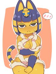 Rule 34 | 1girl, animal crossing, animal ears, ankha (animal crossing), bandages, bandages, black eyes, blue hair, blush, bob cut, breasts, colored skin, commentary request, frown, fukurou (owl222), furry, furry female, hair ornament, highres, looking at viewer, medium breasts, naked bandage, navel, nintendo, short hair, sitting, snake hair ornament, solo, spoken blush, striped tail, sweat, tail, yellow skin