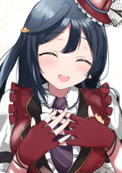Rule 34 | 1girl, absurdres, black hair, blush, chase! (love live!), closed eyes, collared shirt, commentary, commentary request, facing viewer, fingerless gloves, gloves, hat, highres, jacket, long hair, love live!, love live! nijigasaki high school idol club, mini hat, necktie, one side up, open mouth, purple necktie, red gloves, red hat, red jacket, shirt, short sleeves, sidelocks, solo, sunya (honorin-yuunibo), tilted headwear, upper body, white background, white shirt, yuki setsuna (love live!)