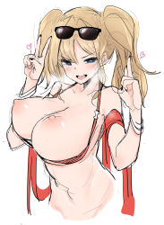 Rule 34 | 10s, 1girl, absurdres, bikini, black nails, blonde hair, blue eyes, blush, breasts, breasts out, cleavage, double v, eyewear on head, freedom nakai, granblue fantasy, heart, heavy breathing, highres, large breasts, long hair, looking at viewer, nail polish, nipples, red bikini, simple background, sketch, solo, sunglasses, sweat, swimsuit, teeth, tongue, twintails, v, white background, zeta (granblue fantasy)