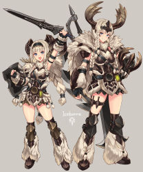 Rule 34 | 2girls, absurdres, arm up, armlet, armor, armpits, banbaro (armor), belt, blue eyes, braid, charge blade, fake horns, fingerless gloves, full body, fur trim, gloves, greaves, grey background, hand on own hip, highres, holding, holding weapon, horned headwear, horns, kneehighs, kunai, looking at viewer, monster hunter, monster hunter: world, monster hunter (series), multiple girls, open mouth, shield, sigm@, silver hair, socks, standing, strap, sword, thigh strap, twin braids, weapon, weapon on back