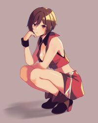 Rule 34 | 1girl, absurdres, breasts, brown hair, cleavage, commentary, crop top, cropped vest, frown, full body, high heels, highres, medium breasts, meiko (vocaloid), meiko (vocaloid3), midriff, miniskirt, red eyes, red skirt, short hair, skirt, solo, squatting, vest, vocaloid, wristband, yen-mi