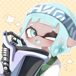 Rule 34 | 1girl, blue eyes, blue hair, blue hairband, commentary, commission, hairband, highres, inkling, inkling girl, inkling player character, medium hair, nintendo, one eye closed, open mouth, pointy ears, ryme spla, slosher (splatoon), smile, solo, splatoon (series), splatoon 3, star (symbol), upper body, watermark, weapon, yellow background