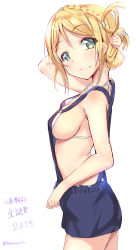 Rule 34 | 1girl, 2018, absurdres, alls, arm behind head, bikini, bikini under clothes, blonde hair, braid, breasts, character name, closed mouth, commentary request, crown braid, from side, green eyes, hair rings, happy birthday, highres, kurozu, looking at viewer, love live!, love live! sunshine!!, medium breasts, ohara mari, overalls, revision, sideboob, simple background, smile, solo, standing, swimsuit, twitter username, white background, white bikini