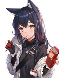 Rule 34 | 1girl, animal ear fluff, animal ears, arknights, black gloves, black hair, black shirt, blush, breasts, brown eyes, closed mouth, commentary, english commentary, food, food in mouth, fur-trimmed sleeves, fur trim, gloves, hair between eyes, hands up, highres, hitsukuya, holding, holding food, jacket, long hair, long sleeves, looking at viewer, mouth hold, multicolored hair, off shoulder, official alternate costume, open clothes, open jacket, red gloves, red hair, shirt, simple background, small breasts, solo, texas (arknights), texas (winter messenger) (arknights), two-tone hair, upper body, white background, white jacket, wide sleeves, wolf ears