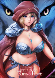 Rule 34 | 1girl, armor, bikini armor, blonde hair, blue eyes, breasts, cape, cleavage, cosplay, curvy, erkaz, highres, huge breasts, jewelry, little red riding hood, navel, necklace, open mouth, plump, short hair, solo, thick thighs, thighs, wide hips