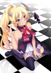 Rule 34 | 1girl, absurdres, ahoge, bare shoulders, bow, broken horn, checkered floor, demon girl, demon horns, demon tail, detached collar, highres, horns, lilith (machikado mazoku), long hair, machikado mazoku, miso bon, open mouth, pointy ears, ponytail, skirt, smile, solo, tail, thighhighs