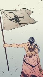 Rule 34 | 1boy, back, back tattoo, black hair, flag, green maples, highres, holding, holding flag, izou (one piece), japanese clothes, jolly roger, long hair, male focus, one piece, solo, tattoo, topless male