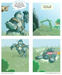 Rule 34 | 4koma, battle, blue sky, bummerdude, clenched hands, comic, commentary, creature, creatures (company), english commentary, eye contact, falling, game freak, gen 5 pokemon, golett, grass, grass knot (pokemon), klutz (pokemon), looking at another, monkey, nintendo, pansage, pointing, pokemon, pokemon (creature), pokemon ability, pokemon move, shadow, sky, sound effects, tripping, walking, watermark, web address