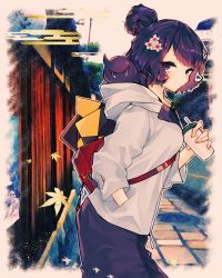 Rule 34 | 1girl, bag, black shirt, casual, commentary request, contemporary, cup, dress, egasumi, fate/grand order, fate (series), flower, from side, hair bun, hair flower, hair ornament, hairclip, hand in pocket, highres, holding, holding cup, hood, hoodie, katsushika hokusai (fate), katsushika hokusai (traveling outfit) (fate), leaf, leaning forward, looking at viewer, official alternate costume, outdoors, purple dress, purple eyes, purple hair, shimotsuki (gomibako), shirt, short hair, single hair bun, sketchbook, solo, standing, tokitarou (fate), tree, white hoodie