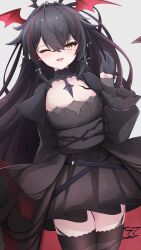 Rule 34 | 1girl, ;d, absurdres, arm behind back, azur lane, black dress, black gloves, black hair, blush, cross, cross earrings, demon wings, dress, earrings, fang, gloves, hair between eyes, hand up, head wings, highres, jewelry, legs together, long hair, looking at viewer, multicolored hair, official alternate costume, one eye closed, open mouth, osatou (soul of sugar), pleated dress, red hair, red wings, slit pupils, smile, solo, standing, streaked hair, thighhighs, thighs, two-tone hair, very long hair, waving, waving arm, wide sleeves, wings, yellow eyes, z24 (azur lane), z24 (blood-red dance beneath the moon) (azur lane)