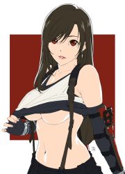 Rule 34 | 1girl, black hair, breasts, brown eyes, cleavage, clothes lift, elbow gloves, final fantasy, final fantasy vii, final fantasy vii remake, gloves, highres, lifting own clothes, long hair, looking at viewer, shirt lift, sleeveless, solo, sports bra, sports bra lift, suspenders, tank top, tifa lockhart, tokuoka kouhei, underboob, upper body