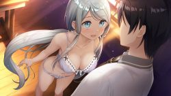 Rule 34 | 1boy, 1girl, black hair, black neckwear, blue eyes, bra, breasts, cleavage, collarbone, collared shirt, dutch angle, floating hair, from above, game cg, grey bra, grey panties, highres, indoors, kamisama no you na kimi e, kantoku, light particles, long hair, looking at another, looking up, medium breasts, necktie, official art, open mouth, panties, ponytail, school uniform, shirt, silver hair, swept bangs, tsukuyomi (kamikimi), underwear, underwear only, very long hair, white shirt, wing collar
