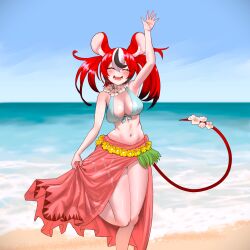 1girl absurdres alternate_costume animal_ears arm_up beach bikini blue_bikini blue_sky breasts closed_eyes commission flower flower_necklace hakos_baelz highres hikamio hololive hololive_english jewelry large_breasts mouse_ears mouse_girl mouse_tail multicolored_hair navel necklace ocean open_mouth red_hair sand skeb_commission sky solo standing standing_on_one_leg swimsuit tail teeth twintails virtual_youtuber waving