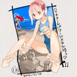 Rule 34 | 2girls, bad id, bad pixiv id, barefoot, beach, bikini, bow, collarbone, feet, food, hair bow, hairband, mouth hold, multiple girls, nakahara (takayama toshinori), one-piece swimsuit, original, pink hair, popsicle, red eyes, red hair, sand castle, sand sculpture, school swimsuit, short hair, sitting, swimsuit, takayama toshinori, toe scrunch, toenails, toes, translation request
