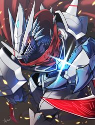 Rule 34 | 1boy, absurdres, armor, cape, claws, clenched teeth, digimon, digimon (creature), dragon boy, full armor, glowing, glowing eyes, highres, looking at viewer, no humans, red eyes, saviorhackmon, serious, sharp teeth, simple background, solo, teeth, toyuri (angrm)