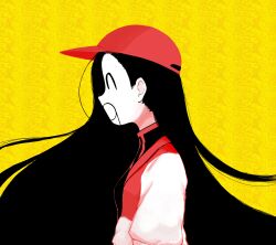 Rule 34 | 1girl, ^q^, absurdres, angelfaise, backwards hat, baseball cap, black hair, black shirt, butcher vanity (synthesizer v), hat, highres, jacket, long hair, long sleeves, looking to the side, red hat, shirt, simple background, synthesizer v, very long hair, white jacket, yellow background, yi xi (synthesizer v)