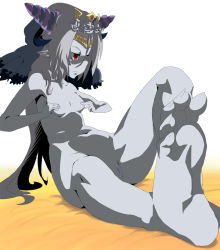 Rule 34 | breasts, censored, colored skin, demon girl, feet, grey skin, nude, pussy, red eyes, shinrabanshou, silver hair, soles, solo, tanatoria, toes