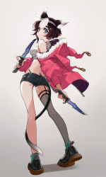Rule 34 | 1girl, animal ears, black hair, blue eyes, breasts, cat tail, dr. martens, dual wielding, grey background, highres, holding, holding knife, jacket, knife, midriff, multicolored hair, original, pink jacket, shoes, short hair, short shorts, shorts, simple background, single thighhigh, small breasts, sneakers, socks, solo, standing, tail, thighhighs, two-tone hair, white hair, yuu (higashi no penguin)